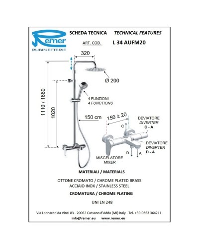 Душевая система 200 мм Remer Class Line L34AUFM20