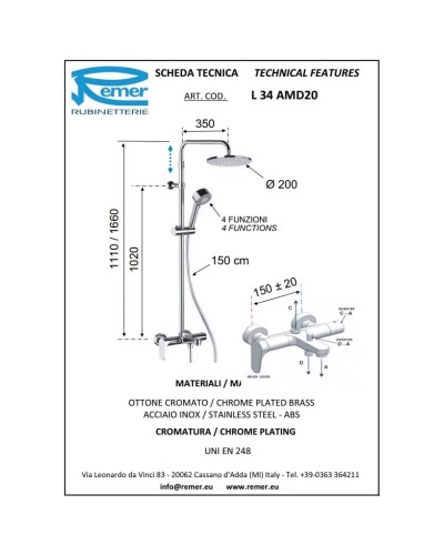 Душевая система 200 мм Remer Class Line L34AMD20