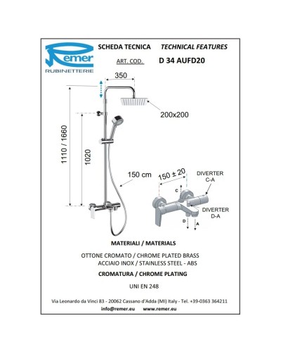 Душевая система 200 мм Remer Dream D34AUFD20