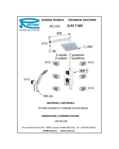 Душевой комплект 200 мм Remer Qubika Q937S02