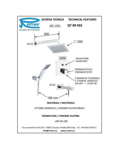 Душевой комплект 200 мм Remer Qubika QT09S03