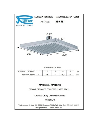 Душевой комплект 200 мм Remer Qubika QT09S11