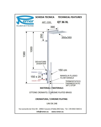Душевая система 350 мм Remer Qubika QT36XL