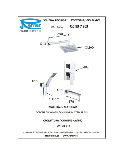 Душевой комплект 200 мм Remer Qubika Cascata QC937S03
