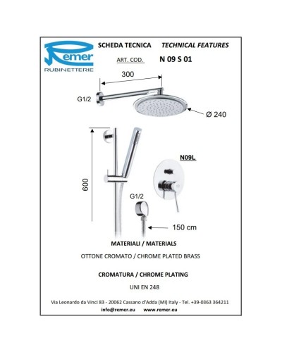 Душевой комплект 240 мм Remer Minimal N09S01