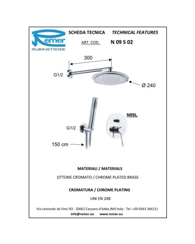 Душевой комплект 240 мм Remer Minimal N09S02
