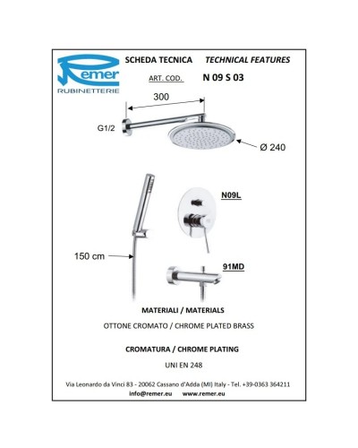 Душевой комплект 240 мм Remer Minimal N09S03