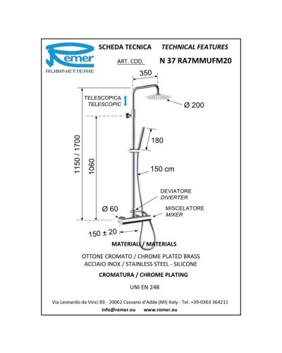 Душевая система 200 мм Remer Minimal N37RA7MMUFM20