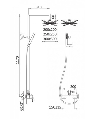 Душевая колонна со смесителем, верхний душ из нержавеющей стали CEZARES PORTA-CD-SR