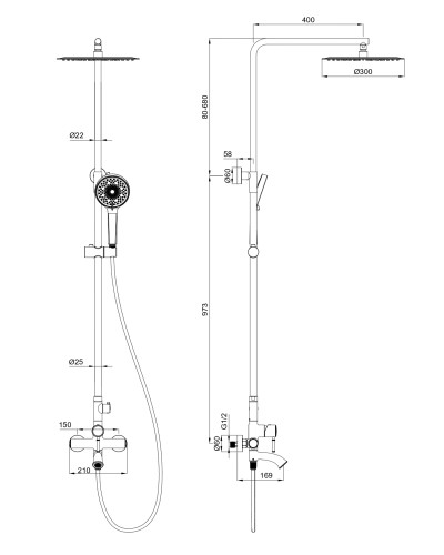 Душевая система Wonzon & Woghand, Черный матовый (WW-88047073-MB)