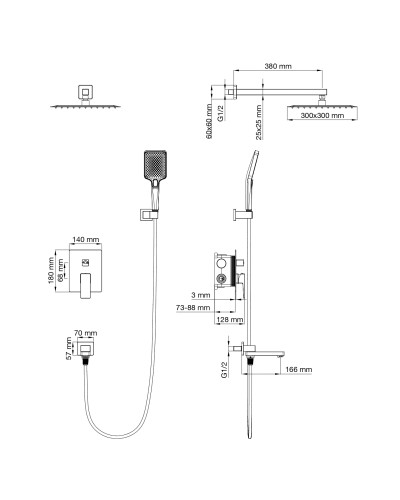 Душевая система встраиваемая Wonzon & Woghand, Черный матовый (WW-88087068-MB)