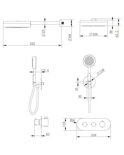 Душевой комплект 250 мм Cezares MOON-SET-TA250-01