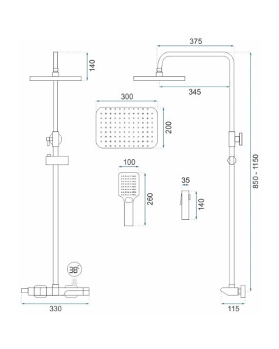 Душевая система 300х200 мм Rea Rob REA-P6627