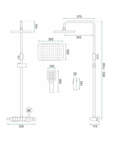 Душевая система 300х200 мм Rea Rob REA-P6624