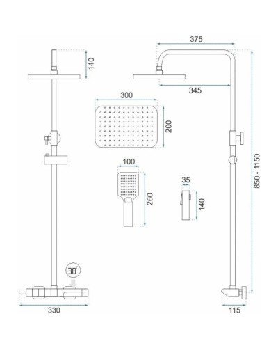 Душевая система 300х200 мм Rea Rob REA-P6623
