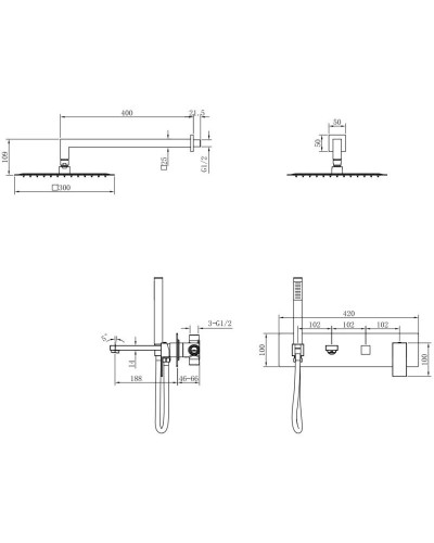 Душевой комплект 300 мм Boheme Qubic 474-MW