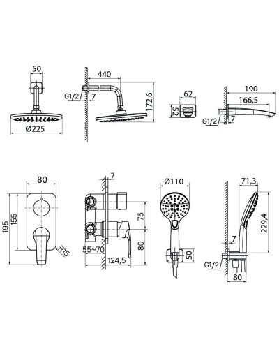 Душевой комплект 225 мм IDDIS Ray RAYBL03i68