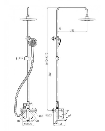 Душевая стойка со смесителем для ванны верхним и ручным душем CEZARES LACONICO-C-CVD1-BLC