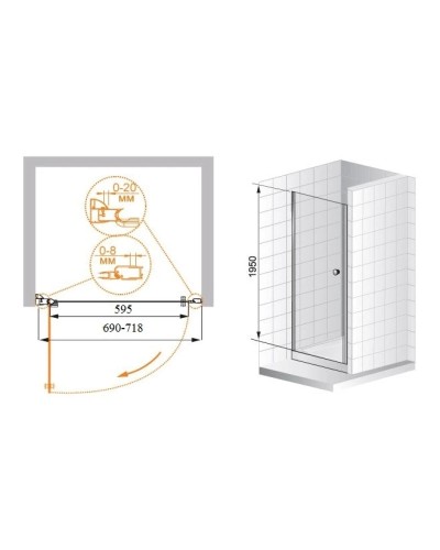 Душевая дверь распашная Cezares Pordenone 70 см текстурное стекло PORDENONE-B-1-70-P-G-R