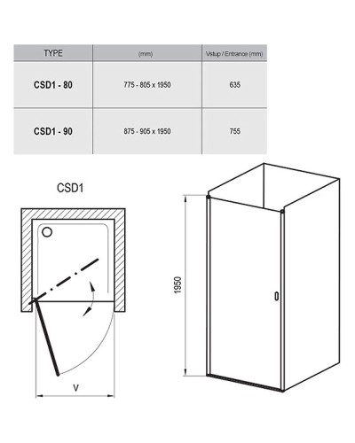 Душевая дверь Ravak Chrome CSD1-90 0QV70C00Z1 профиль Хром стекло Transparent