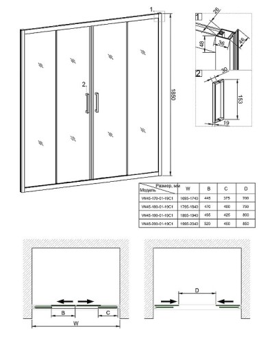 Душевая дверь Veconi Vianno VN-45 200 VN45-200-01-19C1 профиль Хром стекло прозрачное