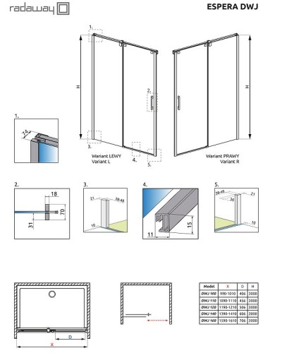 Душевая дверь Radaway Espera DWJ 160 380795-01L профиль Хром стекло прозрачное