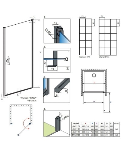 Душевая дверь Radaway Nes 8 Black DWJ I Factory 70 R прозрачное