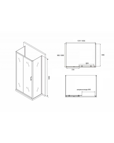 Душевой уголок Abber Schwarzer Diamant 160х100 AG30160B-S100B-S100B профиль Черный стекло прозрачное