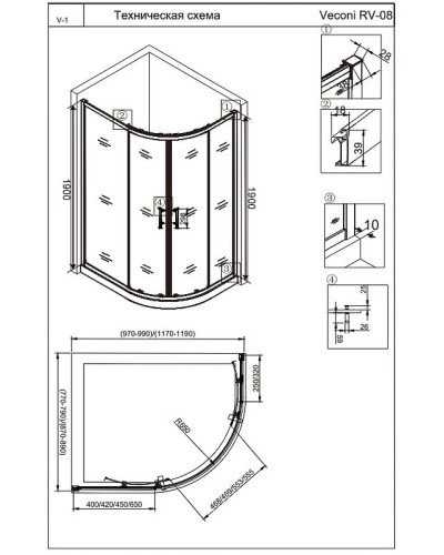Душевой уголок Veconi Rovigo RV-08B 100х80 RV08B-10080-01-C3 профиль Черный матовый стекло прозрачное
