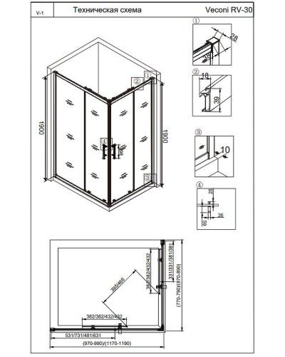 Душевой уголок Veconi Rovigo RV-30B 100х80 RV30B-10080-01-C3 профиль Черный матовый стекло прозрачное