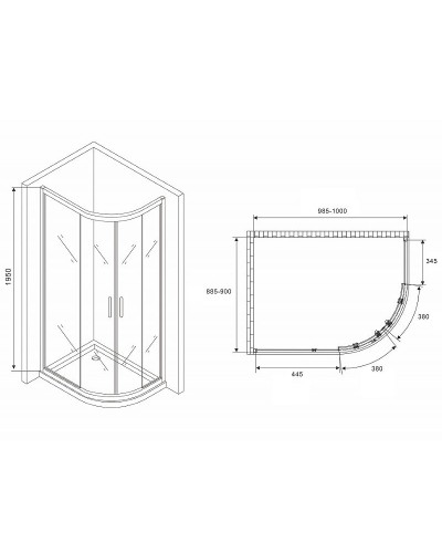 Душевой уголок Abber Schwarzer Diamant 100x90 AG01190B профиль Черный стекло прозрачное