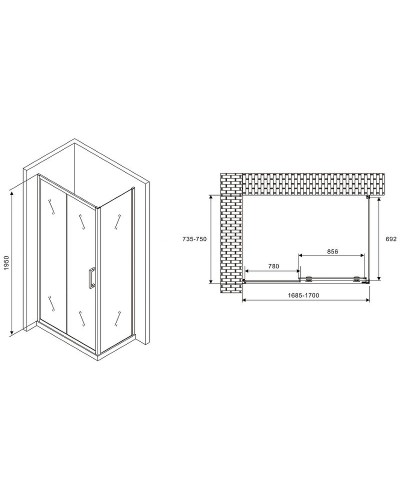 Душевой уголок Abber Schwarzer Diamant 170x75 AG30170B-S75B профиль Черный стекло прозрачное