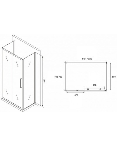 Душевой уголок Abber Schwarzer Diamant 150x75 AG30150H-S75-S75 профиль Хром стекло прозрачное