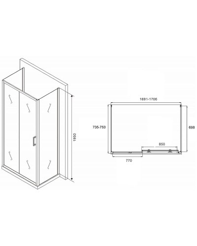 Душевой уголок Abber Schwarzer Diamant 170x75 AG30170B-S75B-S75B профиль Черный стекло прозрачное
