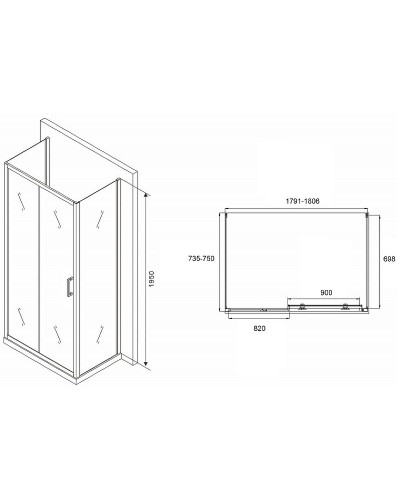 Душевой уголок Abber Schwarzer Diamant 180x75 AG30180B-S75B-S75B профиль Черный стекло прозрачное