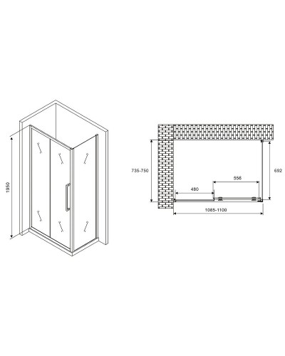 Душевой уголок Abber Schwarzer Diamant 110x75 AG30110H-S75 профиль Хром стекло прозрачное
