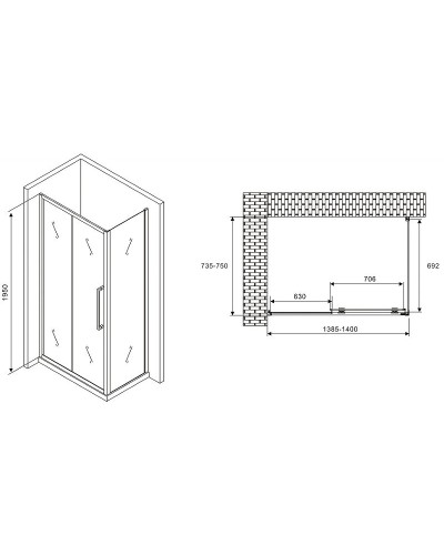 Душевой уголок Abber Schwarzer Diamant 140x75 AG30140H-S75 профиль Хром стекло прозрачное
