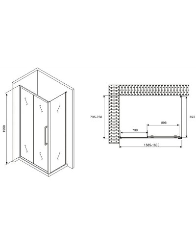Душевой уголок Abber Schwarzer Diamant 160x75 AG30160H-S75 профиль Хром стекло прозрачное