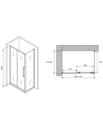 Душевой уголок Abber Schwarzer Diamant 170x85 AG30170H-S85 профиль Хром стекло прозрачное