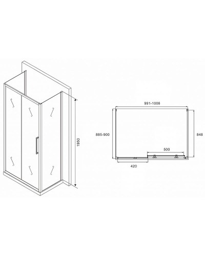 Душевой уголок Abber Schwarzer Diamant 100x90 AG30100MH-S90M-S90M профиль Хром стекло матовое