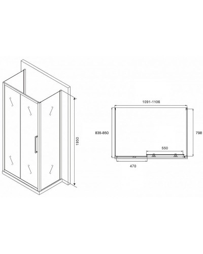 Душевой уголок Abber Schwarzer Diamant 110x85 AG30110MH-S85M-S85M профиль Хром стекло матовое