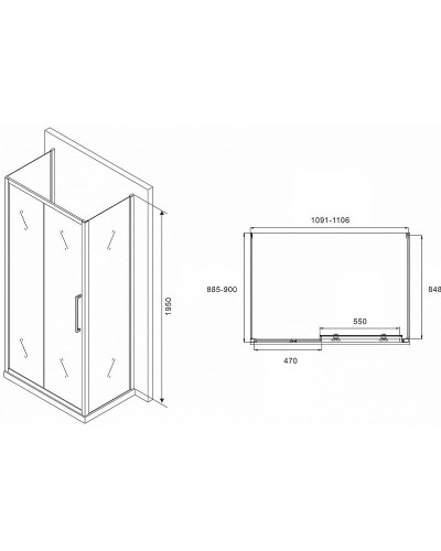 Душевой уголок Abber Schwarzer Diamant 110x90 AG30110MH-S90M-S90M профиль Хром стекло матовое