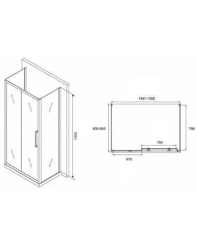 Душевой уголок Abber Schwarzer Diamant 150x85 AG30150MH-S85M-S85M профиль Хром стекло матовое