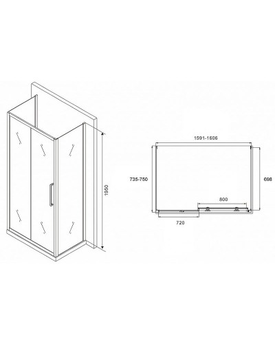 Душевой уголок Abber Schwarzer Diamant 160x75 AG30160MH-S75M-S75M профиль Хром стекло матовое