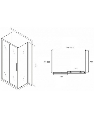Душевой уголок Abber Schwarzer Diamant 160x85 AG30160MH-S85M-S85M профиль Хром стекло матовое