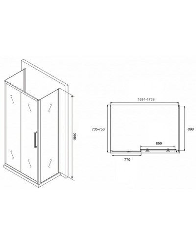 Душевой уголок Abber Schwarzer Diamant 170x75 AG30170MH-S75M-S75M профиль Хром стекло матовое