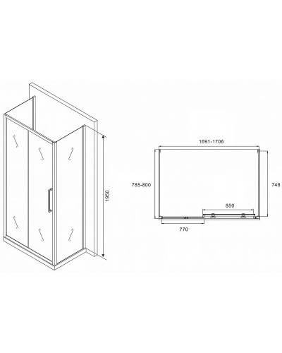 Душевой уголок Abber Schwarzer Diamant 170x80 AG30170MH-S80M-S80M профиль Хром стекло матовое