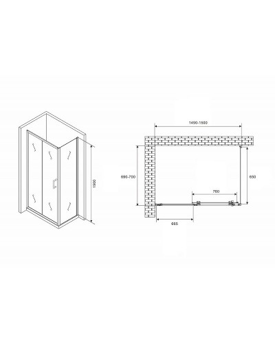 Душевой уголок Abber Schwarzer Diamant 150x70 AG30150B5-S70B5 профиль Черный стекло прозрачное