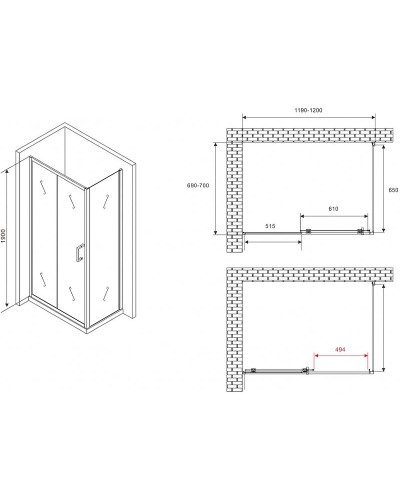 Душевой уголок Abber Schwarzer Diamant 120x70 AG30120B5-S70B5 профиль Черный стекло прозрачное