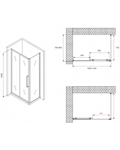 Душевой уголок Abber Schwarzer Diamant 110x80 AG30110BMH-S80BM профиль Черный стекло матовое